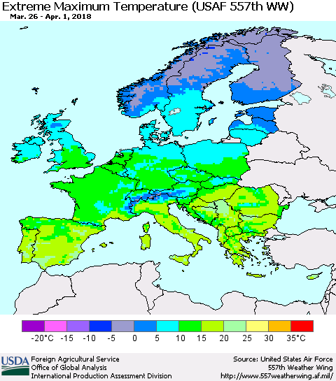 Europe Maximum Daily Temperature (USAF 557th WW) Thematic Map For 3/26/2018 - 4/1/2018