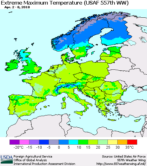 Europe Maximum Daily Temperature (USAF 557th WW) Thematic Map For 4/2/2018 - 4/8/2018