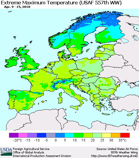 Europe Maximum Daily Temperature (USAF 557th WW) Thematic Map For 4/9/2018 - 4/15/2018