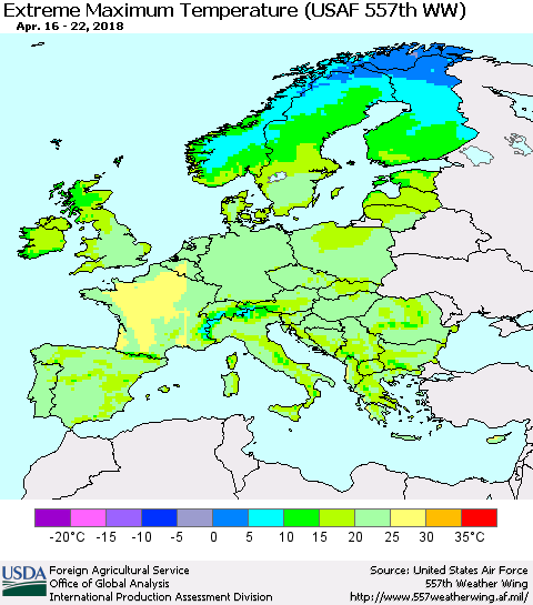 Europe Maximum Daily Temperature (USAF 557th WW) Thematic Map For 4/16/2018 - 4/22/2018