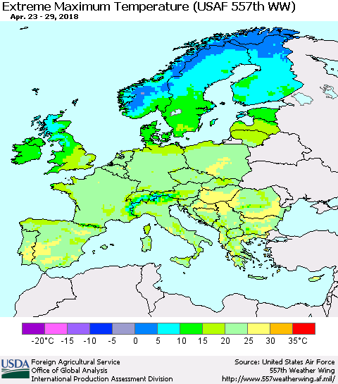 Europe Maximum Daily Temperature (USAF 557th WW) Thematic Map For 4/23/2018 - 4/29/2018