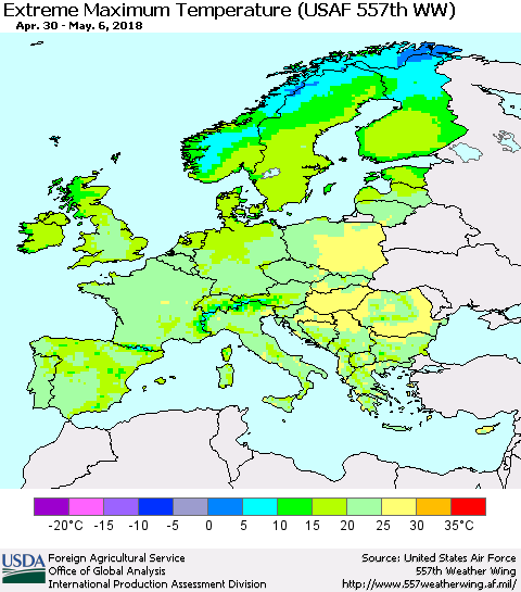 Europe Maximum Daily Temperature (USAF 557th WW) Thematic Map For 4/30/2018 - 5/6/2018