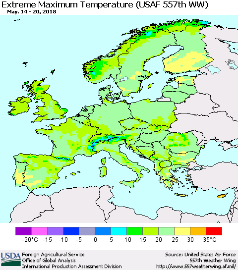 Europe Maximum Daily Temperature (USAF 557th WW) Thematic Map For 5/14/2018 - 5/20/2018