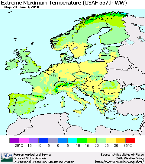 Europe Maximum Daily Temperature (USAF 557th WW) Thematic Map For 5/28/2018 - 6/3/2018