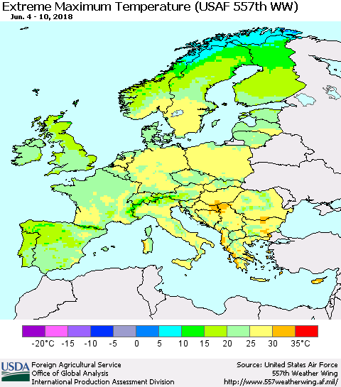 Europe Maximum Daily Temperature (USAF 557th WW) Thematic Map For 6/4/2018 - 6/10/2018