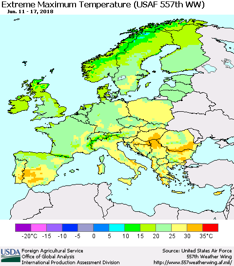 Europe Maximum Daily Temperature (USAF 557th WW) Thematic Map For 6/11/2018 - 6/17/2018
