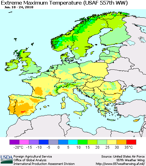 Europe Maximum Daily Temperature (USAF 557th WW) Thematic Map For 6/18/2018 - 6/24/2018