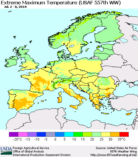 Europe Maximum Daily Temperature (USAF 557th WW) Thematic Map For 7/2/2018 - 7/8/2018