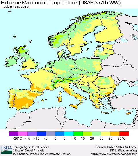 Europe Maximum Daily Temperature (USAF 557th WW) Thematic Map For 7/9/2018 - 7/15/2018
