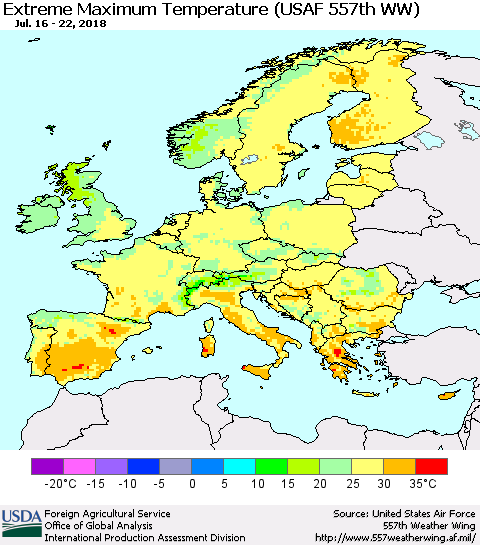 Europe Maximum Daily Temperature (USAF 557th WW) Thematic Map For 7/16/2018 - 7/22/2018