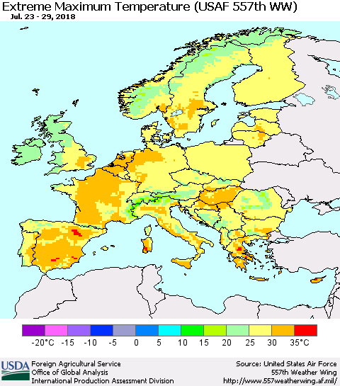 Europe Maximum Daily Temperature (USAF 557th WW) Thematic Map For 7/23/2018 - 7/29/2018