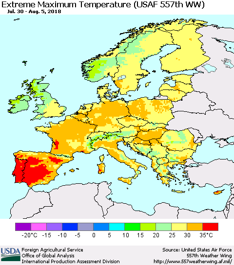 Europe Maximum Daily Temperature (USAF 557th WW) Thematic Map For 7/30/2018 - 8/5/2018