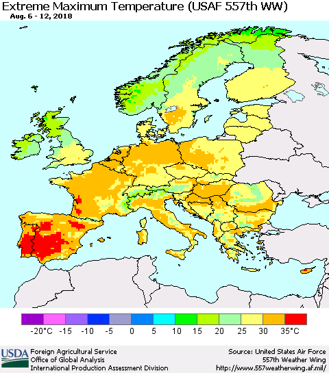 Europe Maximum Daily Temperature (USAF 557th WW) Thematic Map For 8/6/2018 - 8/12/2018