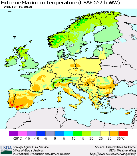 Europe Maximum Daily Temperature (USAF 557th WW) Thematic Map For 8/13/2018 - 8/19/2018