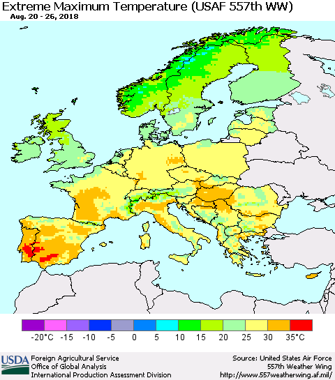 Europe Maximum Daily Temperature (USAF 557th WW) Thematic Map For 8/20/2018 - 8/26/2018