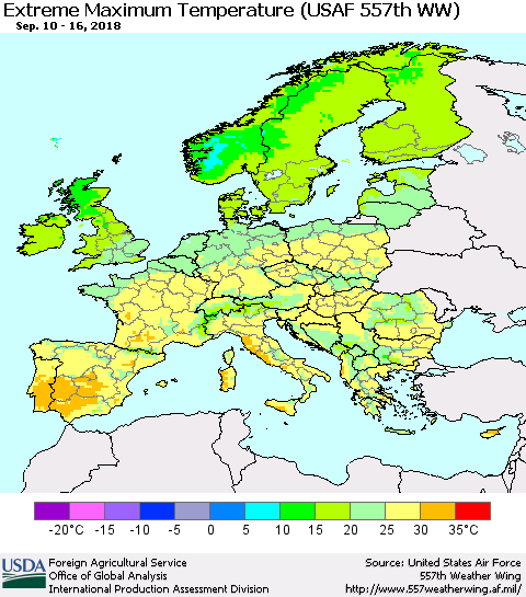 Europe Maximum Daily Temperature (USAF 557th WW) Thematic Map For 9/10/2018 - 9/16/2018
