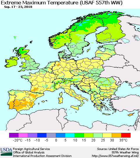 Europe Maximum Daily Temperature (USAF 557th WW) Thematic Map For 9/17/2018 - 9/23/2018