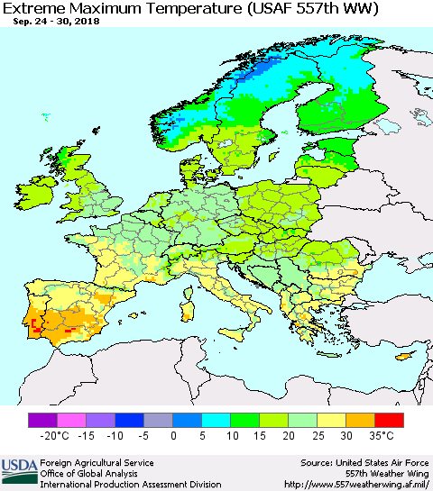 Europe Maximum Daily Temperature (USAF 557th WW) Thematic Map For 9/24/2018 - 9/30/2018