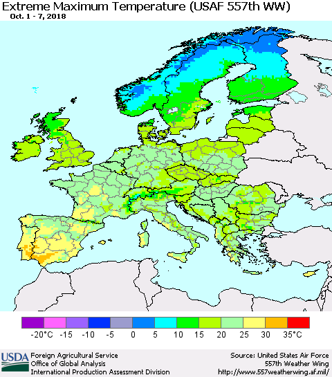 Europe Maximum Daily Temperature (USAF 557th WW) Thematic Map For 10/1/2018 - 10/7/2018