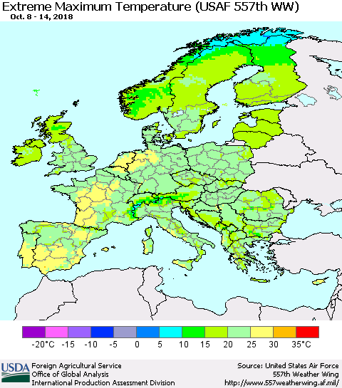 Europe Maximum Daily Temperature (USAF 557th WW) Thematic Map For 10/8/2018 - 10/14/2018