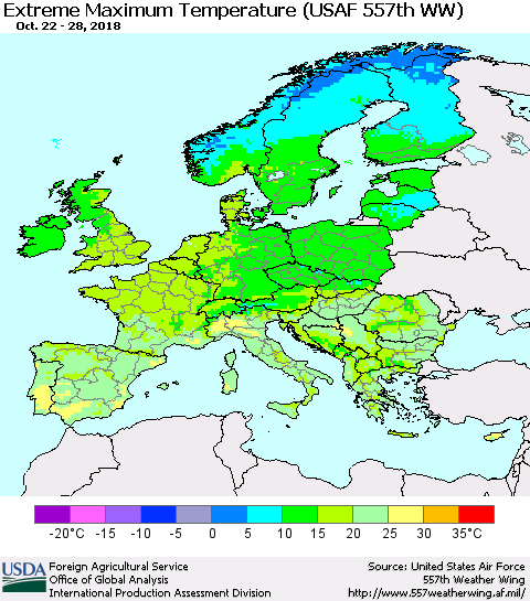 Europe Maximum Daily Temperature (USAF 557th WW) Thematic Map For 10/22/2018 - 10/28/2018