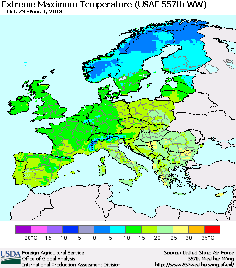 Europe Maximum Daily Temperature (USAF 557th WW) Thematic Map For 10/29/2018 - 11/4/2018