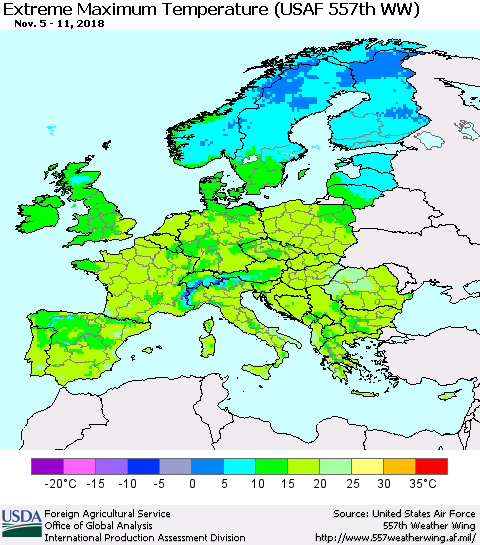 Europe Maximum Daily Temperature (USAF 557th WW) Thematic Map For 11/5/2018 - 11/11/2018