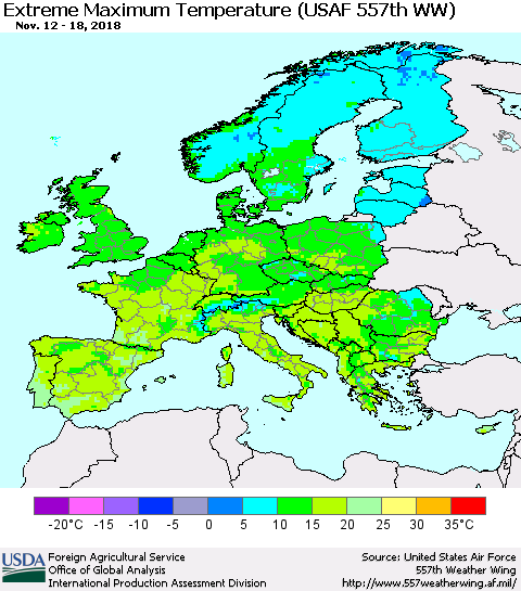 Europe Maximum Daily Temperature (USAF 557th WW) Thematic Map For 11/12/2018 - 11/18/2018