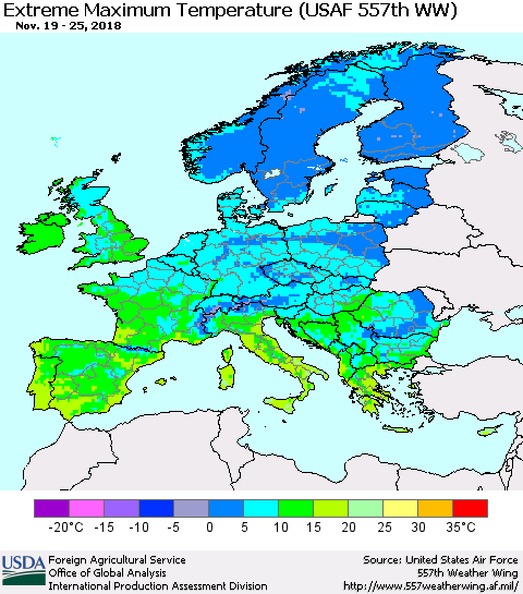 Europe Maximum Daily Temperature (USAF 557th WW) Thematic Map For 11/19/2018 - 11/25/2018