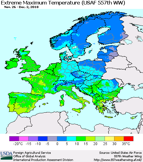 Europe Maximum Daily Temperature (USAF 557th WW) Thematic Map For 11/26/2018 - 12/2/2018