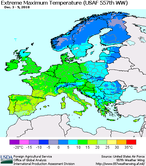 Europe Maximum Daily Temperature (USAF 557th WW) Thematic Map For 12/3/2018 - 12/9/2018