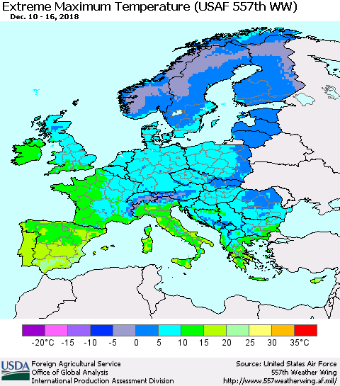 Europe Maximum Daily Temperature (USAF 557th WW) Thematic Map For 12/10/2018 - 12/16/2018