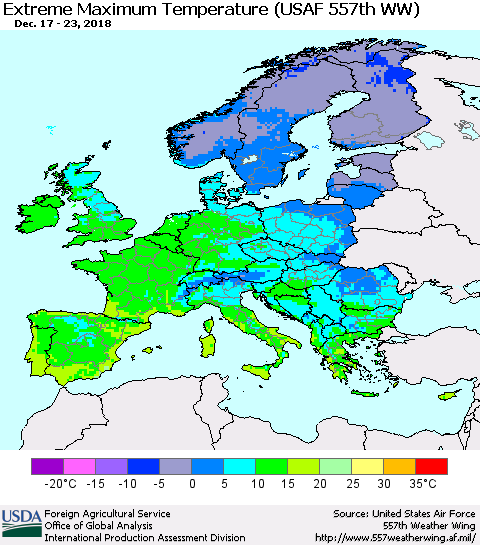 Europe Maximum Daily Temperature (USAF 557th WW) Thematic Map For 12/17/2018 - 12/23/2018