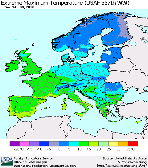 Europe Maximum Daily Temperature (USAF 557th WW) Thematic Map For 12/24/2018 - 12/30/2018