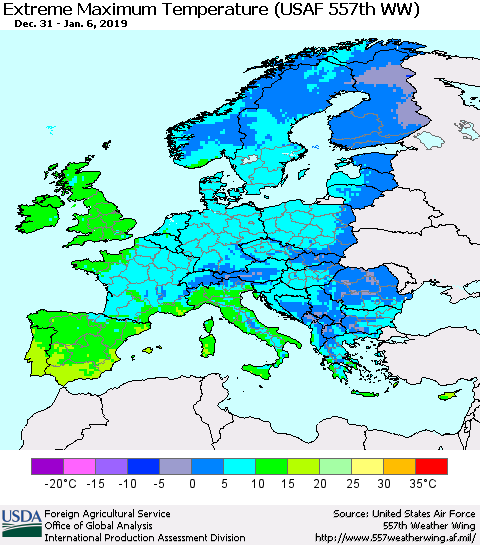 Europe Maximum Daily Temperature (USAF 557th WW) Thematic Map For 12/31/2018 - 1/6/2019