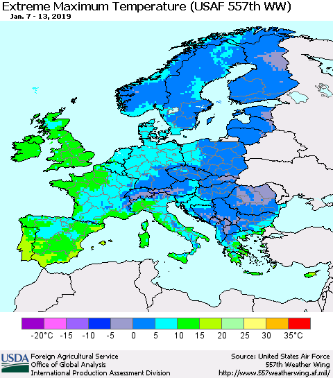 Europe Maximum Daily Temperature (USAF 557th WW) Thematic Map For 1/7/2019 - 1/13/2019