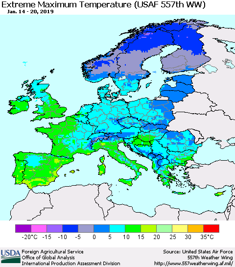 Europe Maximum Daily Temperature (USAF 557th WW) Thematic Map For 1/14/2019 - 1/20/2019