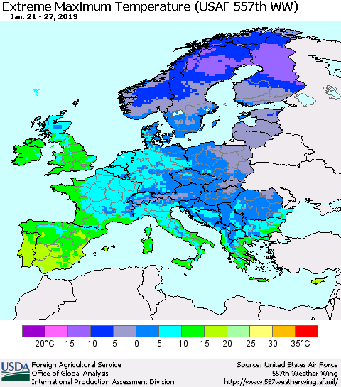 Europe Maximum Daily Temperature (USAF 557th WW) Thematic Map For 1/21/2019 - 1/27/2019