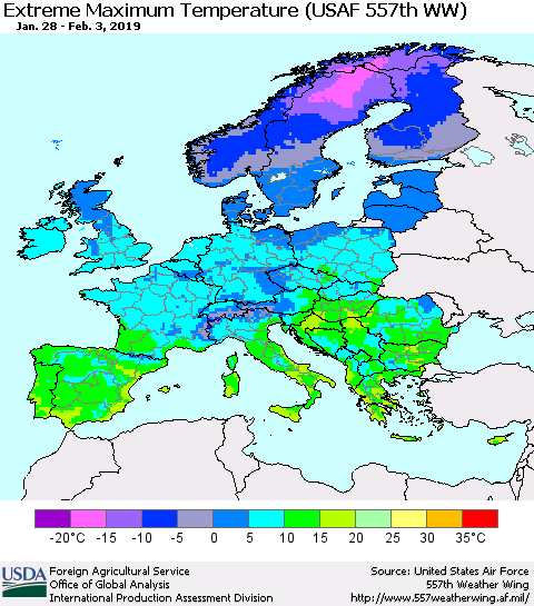 Europe Maximum Daily Temperature (USAF 557th WW) Thematic Map For 1/28/2019 - 2/3/2019