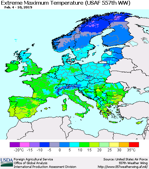 Europe Maximum Daily Temperature (USAF 557th WW) Thematic Map For 2/4/2019 - 2/10/2019