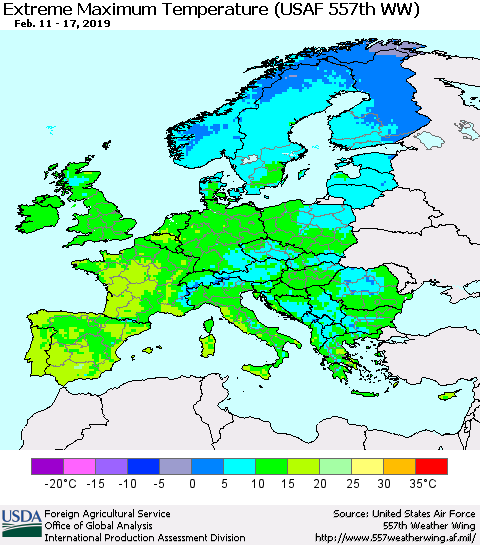 Europe Maximum Daily Temperature (USAF 557th WW) Thematic Map For 2/11/2019 - 2/17/2019