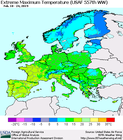 Europe Maximum Daily Temperature (USAF 557th WW) Thematic Map For 2/18/2019 - 2/24/2019