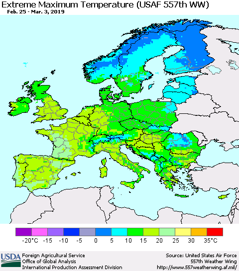 Europe Maximum Daily Temperature (USAF 557th WW) Thematic Map For 2/25/2019 - 3/3/2019