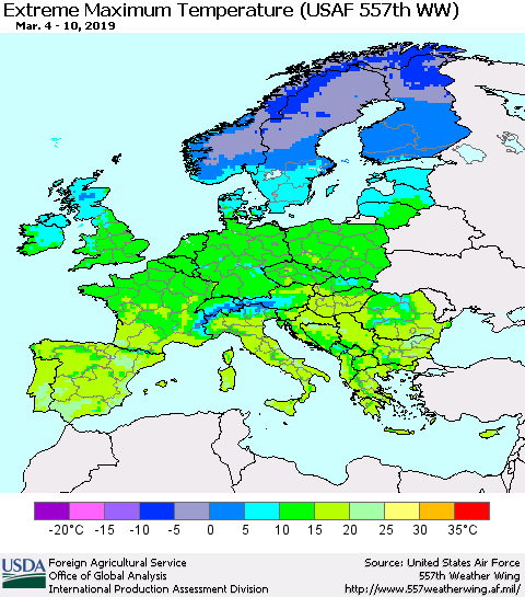 Europe Maximum Daily Temperature (USAF 557th WW) Thematic Map For 3/4/2019 - 3/10/2019