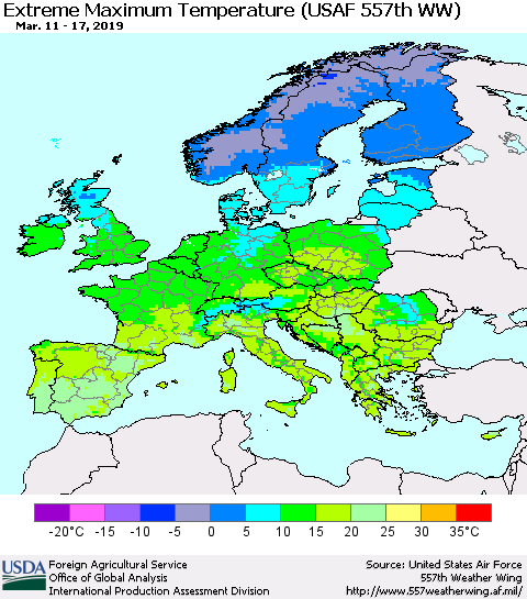 Europe Maximum Daily Temperature (USAF 557th WW) Thematic Map For 3/11/2019 - 3/17/2019