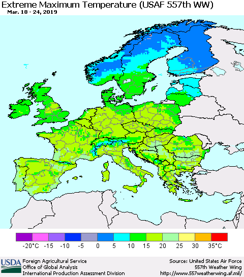 Europe Maximum Daily Temperature (USAF 557th WW) Thematic Map For 3/18/2019 - 3/24/2019