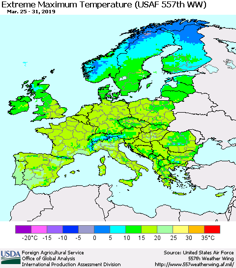 Europe Maximum Daily Temperature (USAF 557th WW) Thematic Map For 3/25/2019 - 3/31/2019