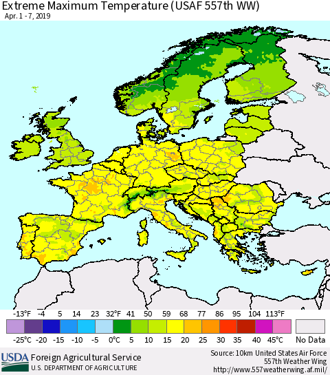 Europe Maximum Daily Temperature (USAF 557th WW) Thematic Map For 4/1/2019 - 4/7/2019