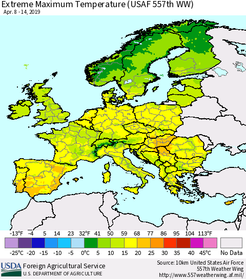 Europe Maximum Daily Temperature (USAF 557th WW) Thematic Map For 4/8/2019 - 4/14/2019