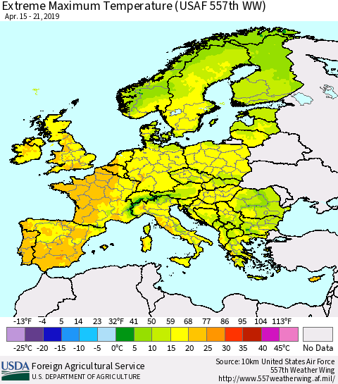 Europe Maximum Daily Temperature (USAF 557th WW) Thematic Map For 4/15/2019 - 4/21/2019